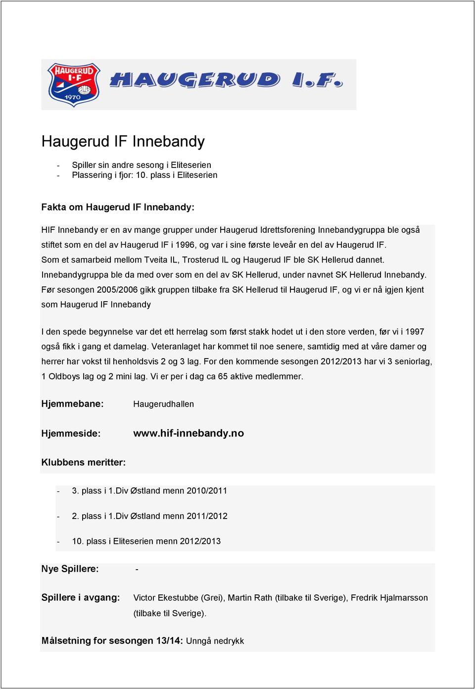 sine første leveår en del av Haugerud IF. Som et samarbeid mellom Tveita IL, Trosterud IL og Haugerud IF ble SK Hellerud dannet.