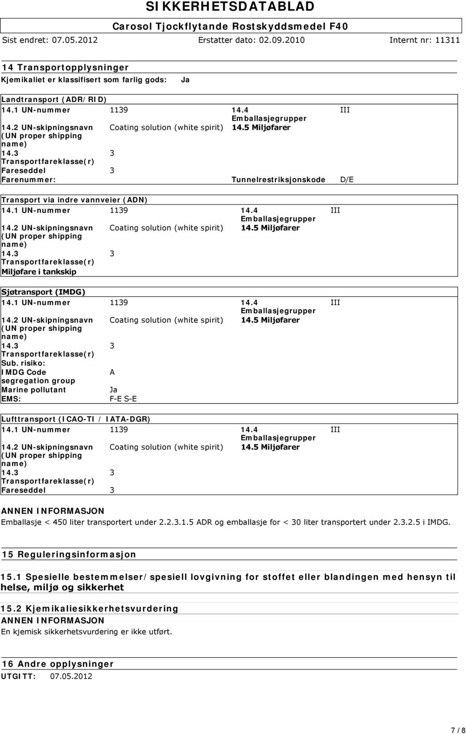 4 Emballasjegrupper 14.2 UNskipningsnavn Coating solution (white spirit) 14.5 Miljøfarer (UN proper shipping name) 14.3 3 Transportfareklasse(r) Miljøfare i tankskip Sjøtransport (IMDG) 14.