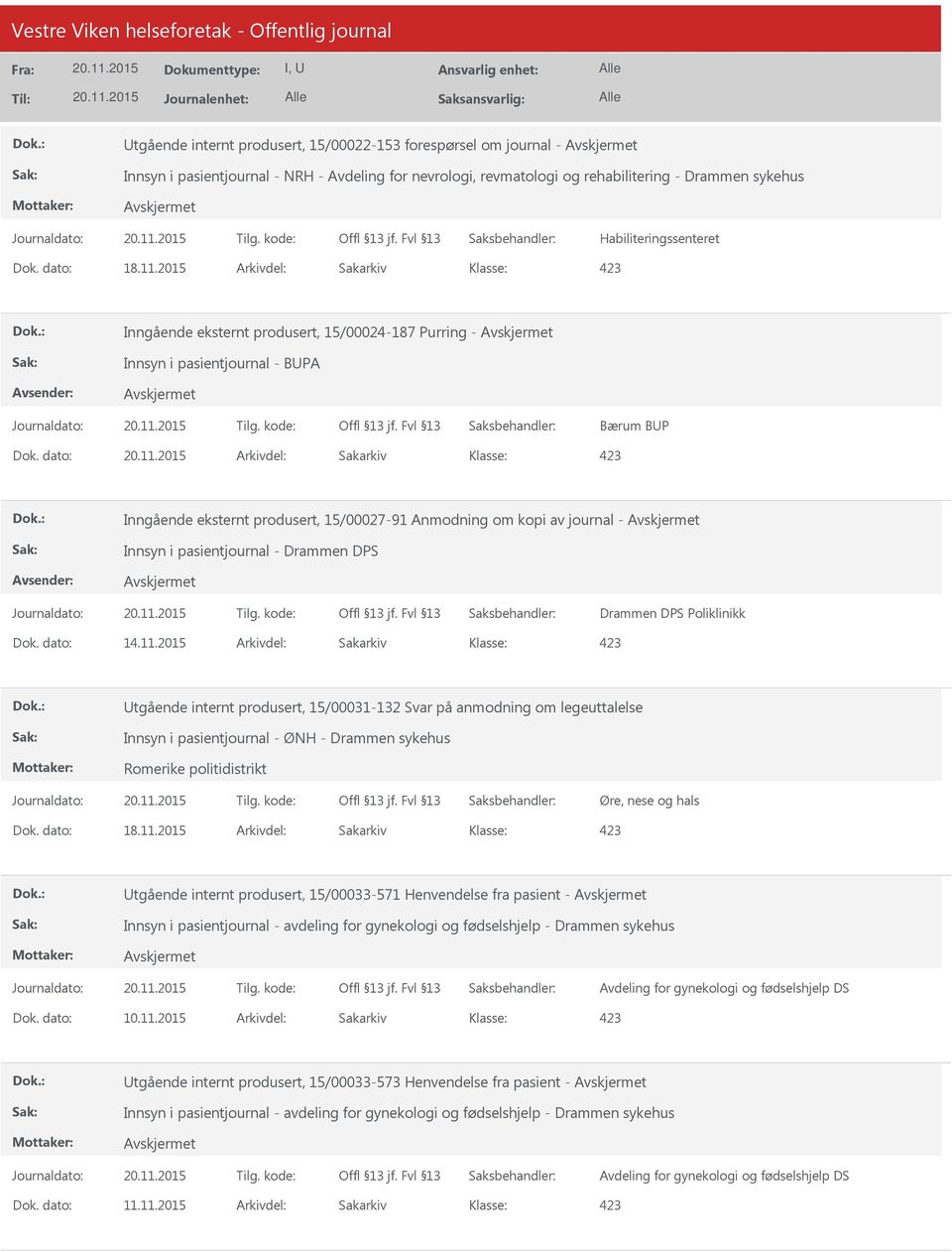 dato: Arkivdel: Sakarkiv Inngående eksternt produsert, 15/00027-91 Anmodning om kopi av journal - Innsyn i pasientjournal - Drammen DPS Drammen DPS Poliklinikk Dok. dato: 14.11.