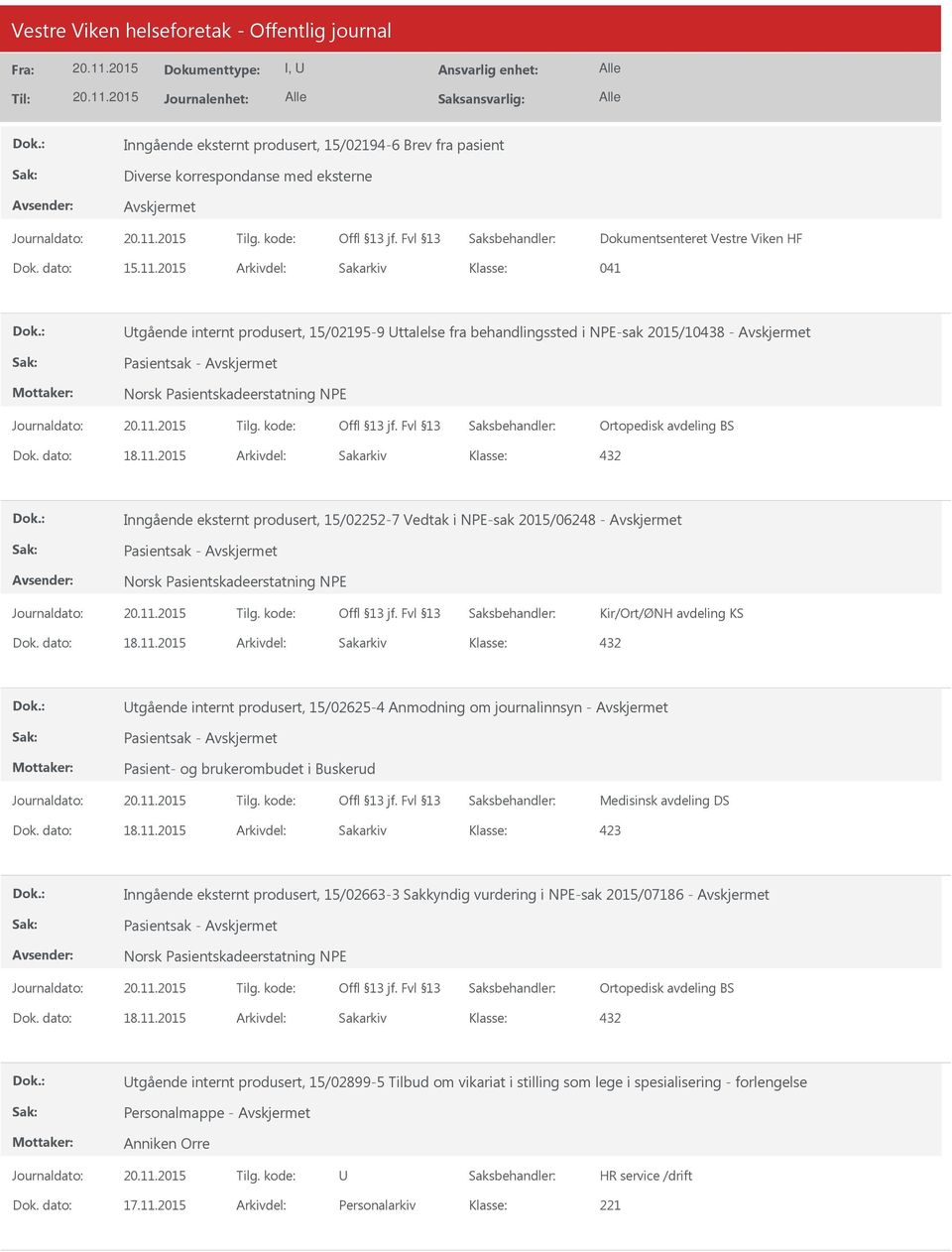 Vedtak i NPE-sak 2015/06248 - Pasientsak - Kir/Ort/ØNH avdeling KS tgående internt produsert, 15/02625-4 Anmodning om journalinnsyn - Pasientsak - Pasient- og brukerombudet i Buskerud Medisinsk