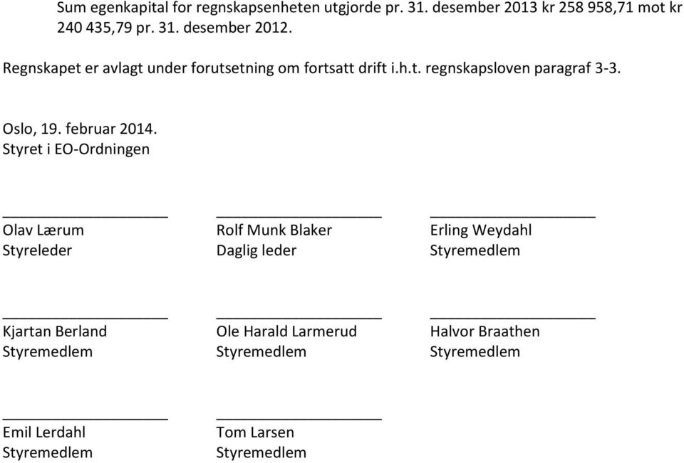 Styret i EO-Ordningen Olav Lærum Rolf Munk Blaker Erling Weydahl Styreleder Daglig leder Styremedlem Kjartan Berland