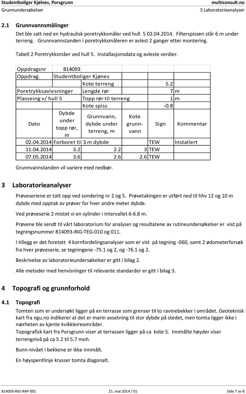 Oppdragsnr 81493 Oppdrag. Studentboliger Kjønes Kote terreng 5.2 Poretrykksavlesninger Lengde rør 7 m Plasseing v/ hull 5 Topp rør til terreng 1 m Kote spiss -.