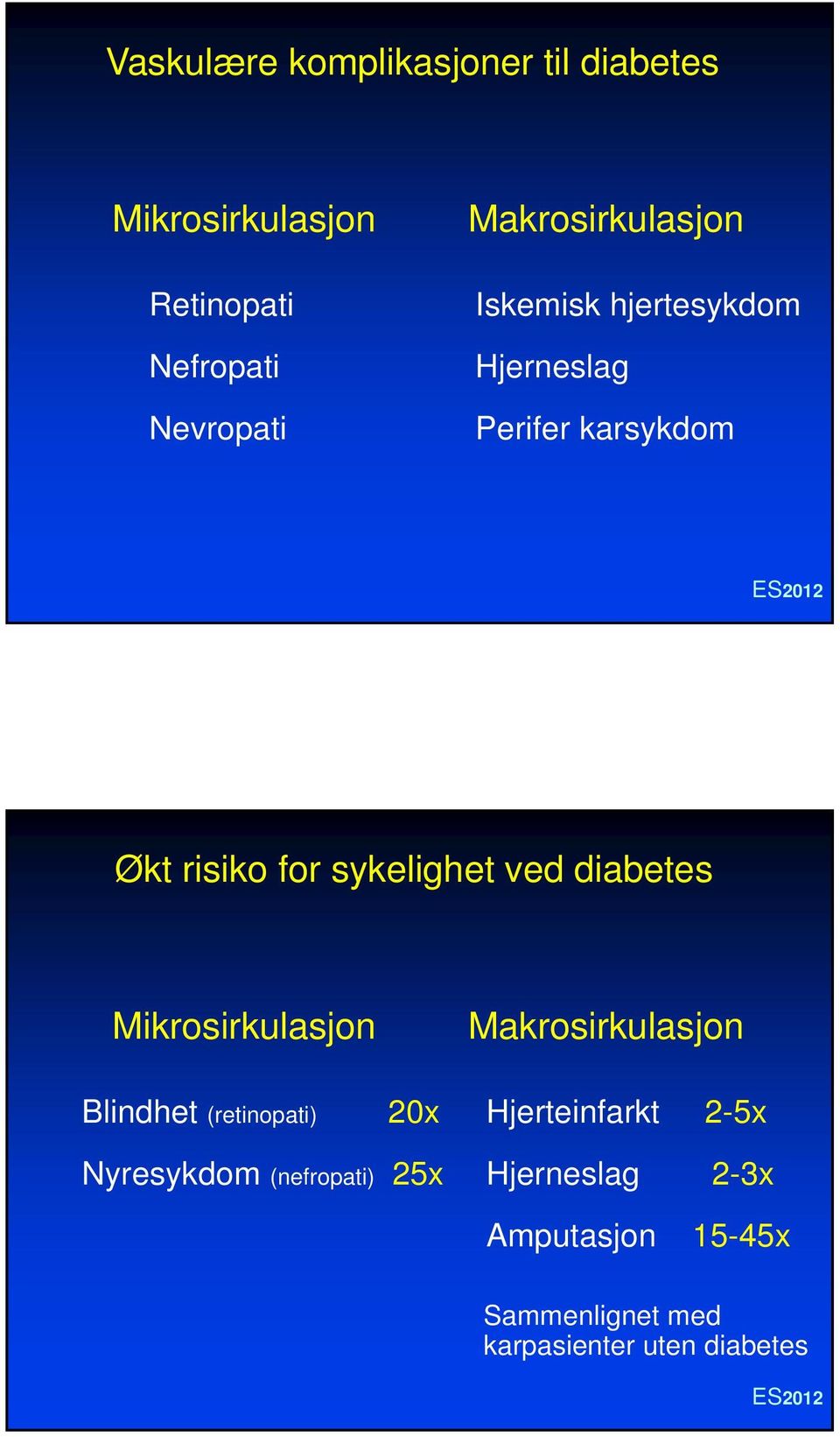 ved diabetes Mikrosirkulasjon Makrosirkulasjon Blindhet (retinopati) Nyresykdom (nefropati)