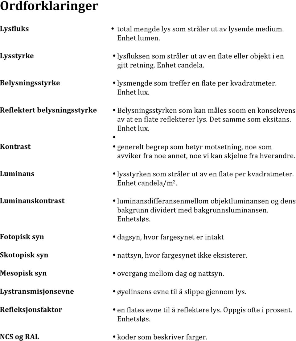 lysmengde som treffer en flate per kvadratmeter. Enhet lux. Belysningsstyrken som kan måles soom en konsekvens av at en flate reflekterer lys. Det samme som eksitans. Enhet lux. generelt begrep som betyr motsetning, noe som avviker fra noe annet, noe vi kan skjelne fra hverandre.