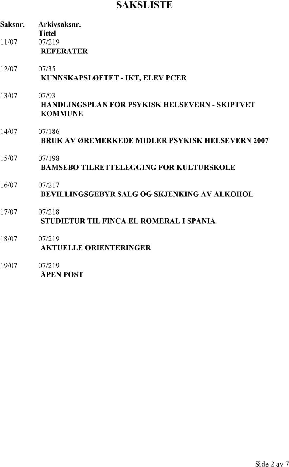 HELSEVERN - SKIPTVET KOMMUNE 14/07 07/186 BRUK AV ØREMERKEDE MIDLER PSYKISK HELSEVERN 2007 15/07 07/198 BAMSEBO