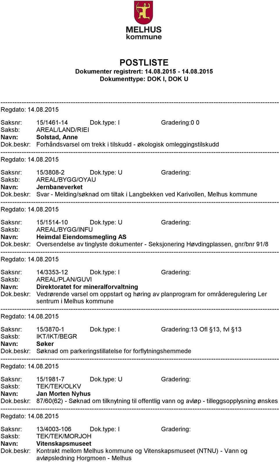 type: U Gradering: Navn: Heimdal Eiendomsmegling AS Dok.beskr: Oversendelse av tinglyste dokumenter - Seksjonering Høvdingplassen, gnr/bnr 91/8 Saksnr: 14/3353-12 Dok.