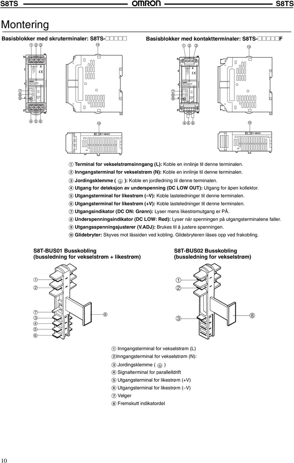 5A 7 8 9-06024F POWER SUPPLY V.ADJ OUTPUT DC24V 2.5A 4 5 6 4 5 6 A Terminal for vekselstrømsinngang (L): Koble en innlinje til denne terminalen.