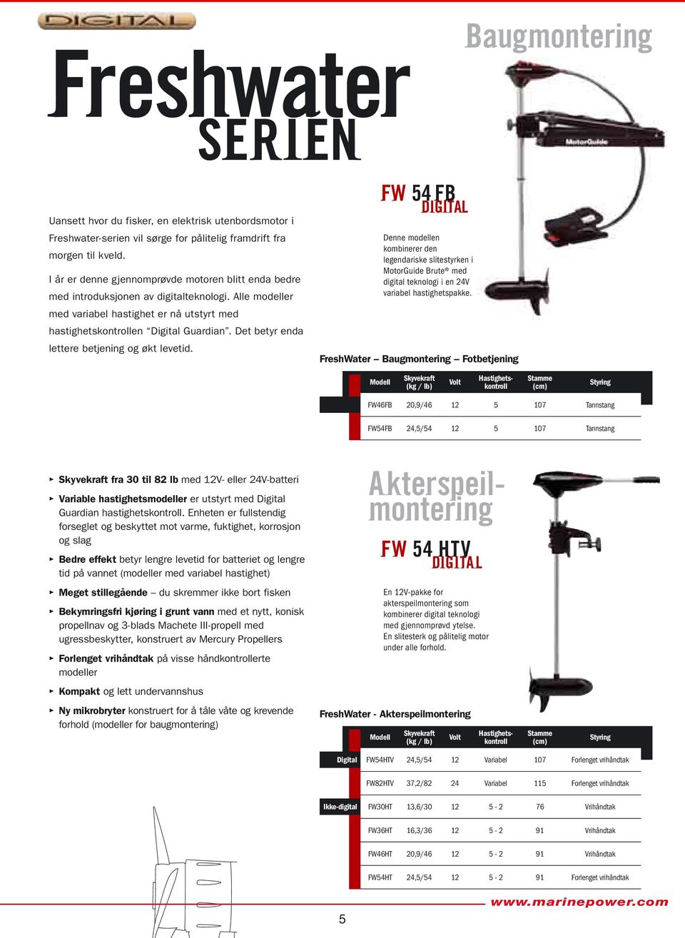 Det betyr enda lettere betjening og økt levetid. FW 54 FB DIGITAL Denne modellen kombinerer den legendariske slitestyrken i MotorGuide Brute med digital teknologi i en 24V variabel hastighetspakke.