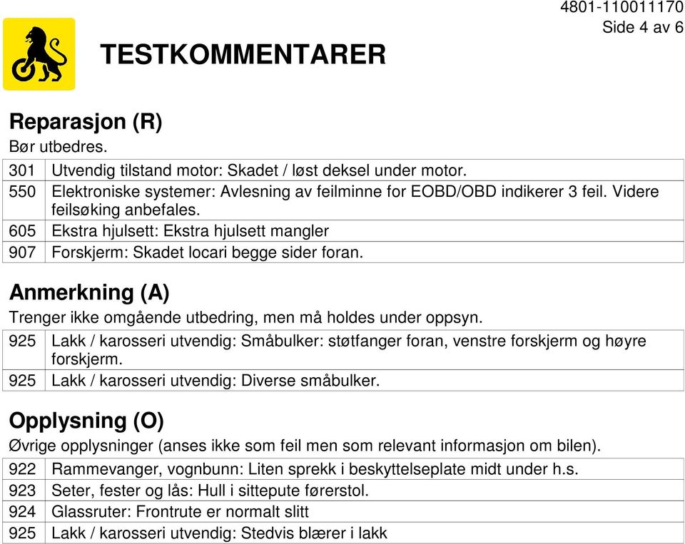 Anmerkning (A) Trenger ikke omgående utbedring, men må holdes under oppsyn. 925 925 Lakk / karosseri utvendig: Småbulker: støtfanger foran, venstre forskjerm og høyre forskjerm.