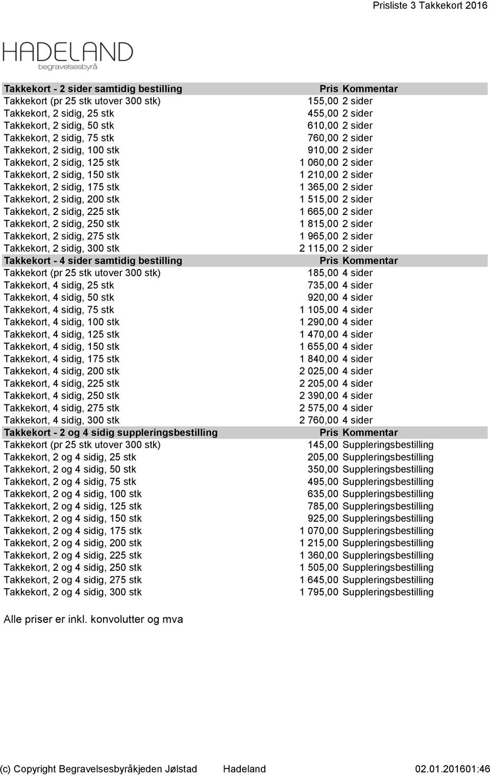 sidig, 275 stk Takkekort, 2 sidig, 300 stk Takkekort - 4 sider samtidig bestilling Takkekort (pr 25 stk utover 300 stk) Takkekort, 4 sidig, 25 stk Takkekort, 4 sidig, 50 stk Takkekort, 4 sidig, 75