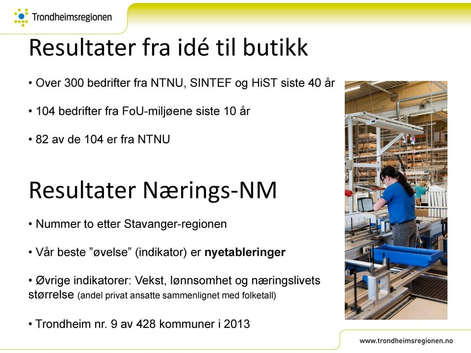 Stavanger-regionen Vår beste øvelse (indikator) er nyetableringer Øvrige indikatorer: Vekst,