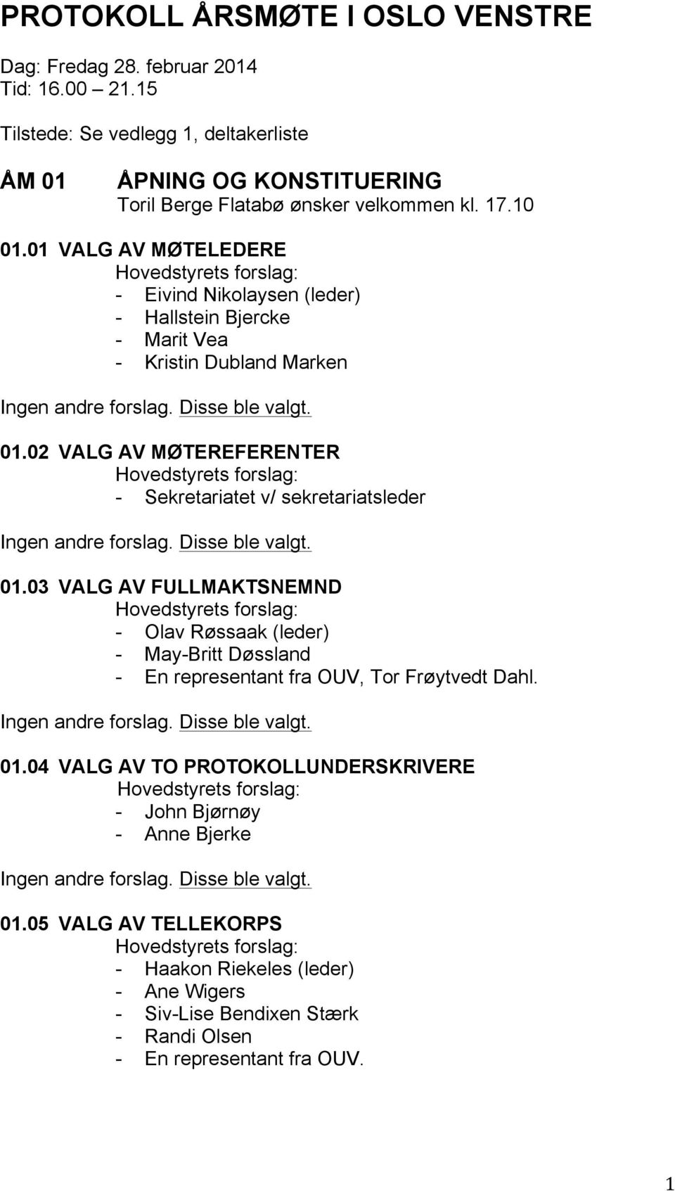 02 VALG AV MØTEREFERENTER Hovedstyrets forslag: - Sekretariatet v/ sekretariatsleder Ingen andre forslag. Disse ble valgt. 01.