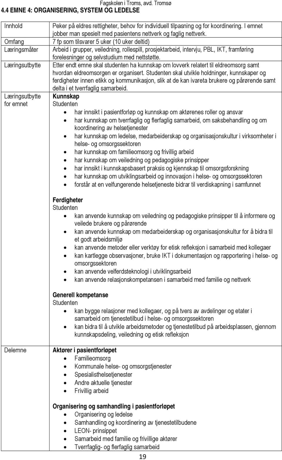 7 fp som tilsvarer 5 uker (10 uker deltid) Arbeid i grupper, veiledning, rollespill, prosjektarbeid, intervju, PBL, IKT, framføring forelesninger og selvstudium med nettstøtte.