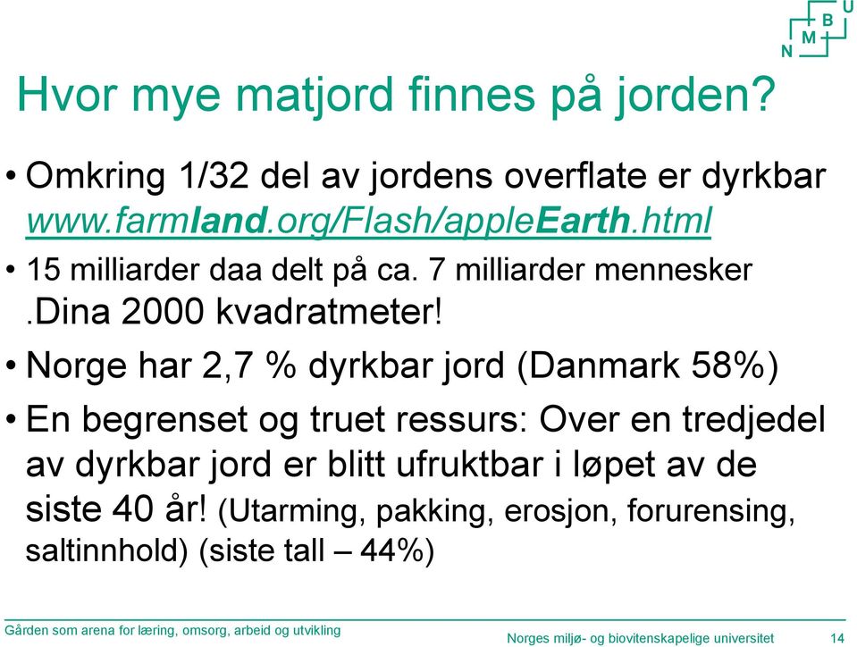 Norge har 2,7 % dyrkbar jord (Danmark 58%) En begrenset og truet ressurs: Over en tredjedel av dyrkbar