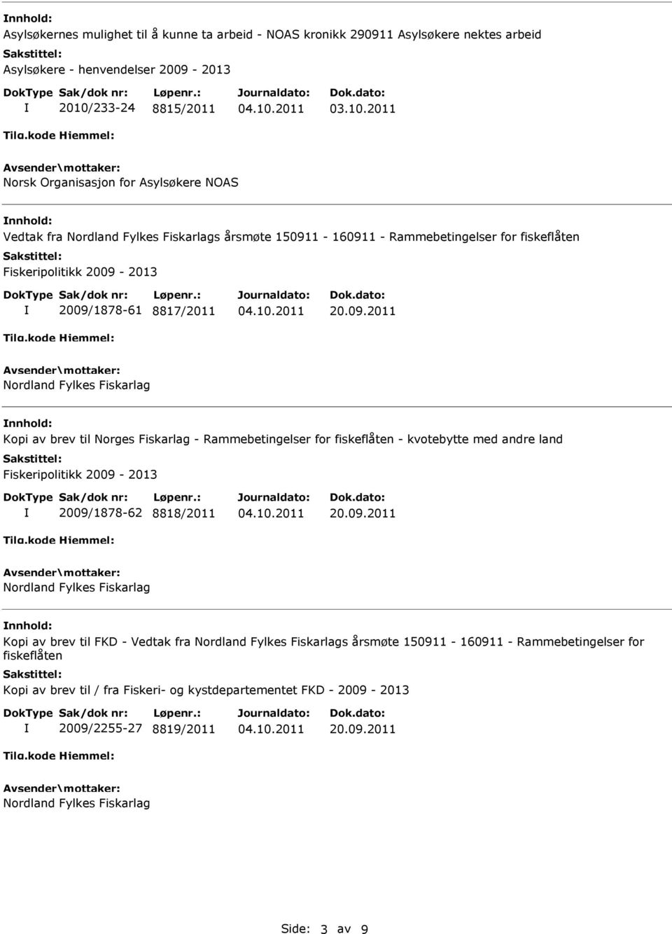 1-160911 - Rammebetingelser for fiskeflåten Fiskeripolitikk 2009-2013 2009/1878-61 8817/2011 20.09.2011 Nordland Fylkes Fiskarlag nnhold: Kopi av brev til Norges Fiskarlag - Rammebetingelser for fiskeflåten - kvotebytte med andre land Fiskeripolitikk 2009-2013 2009/1878-62 8818/2011 20.