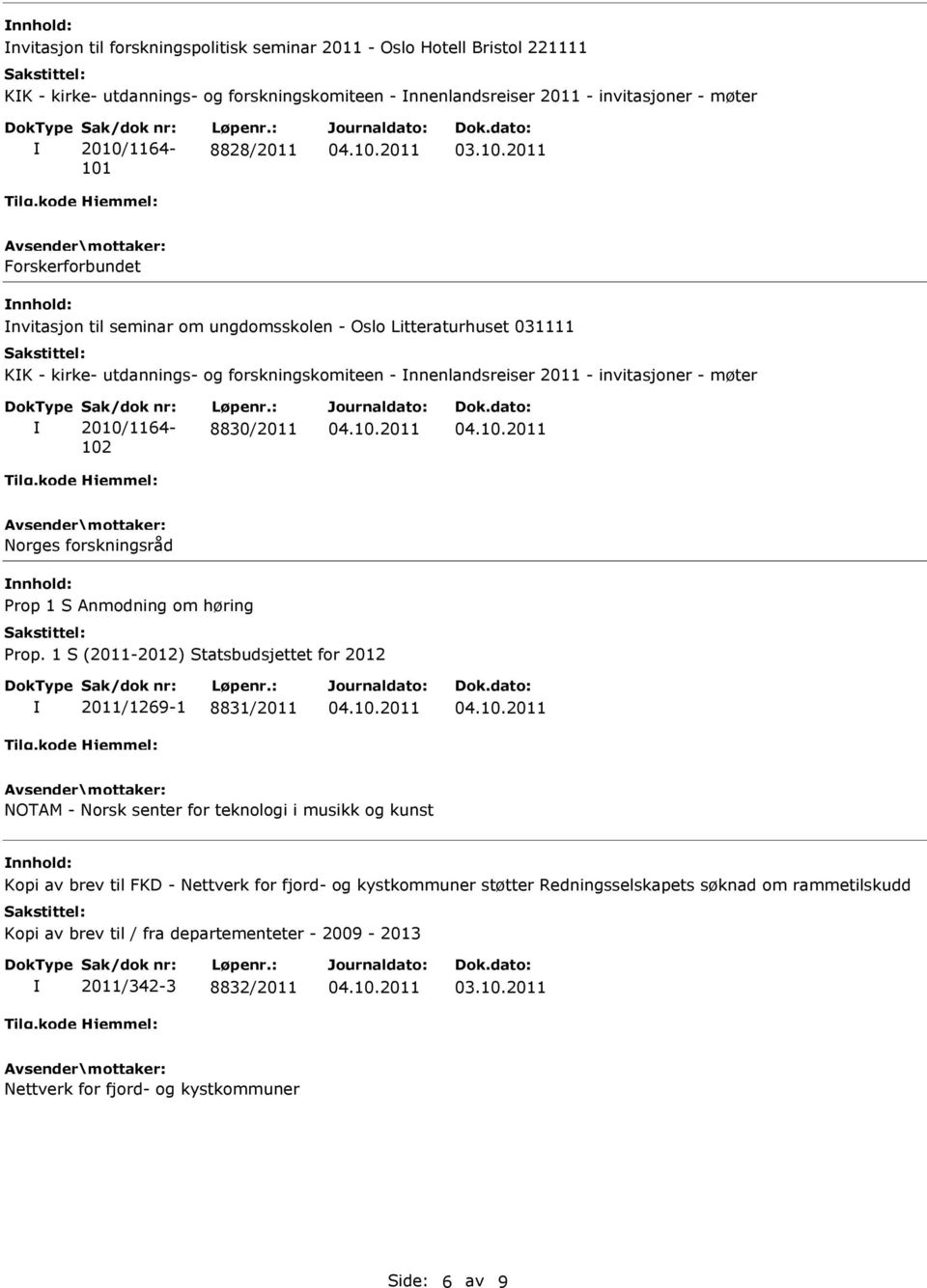 8830/2011 Norges forskningsråd nnhold: Prop 1 S Anmodning om høring Prop.