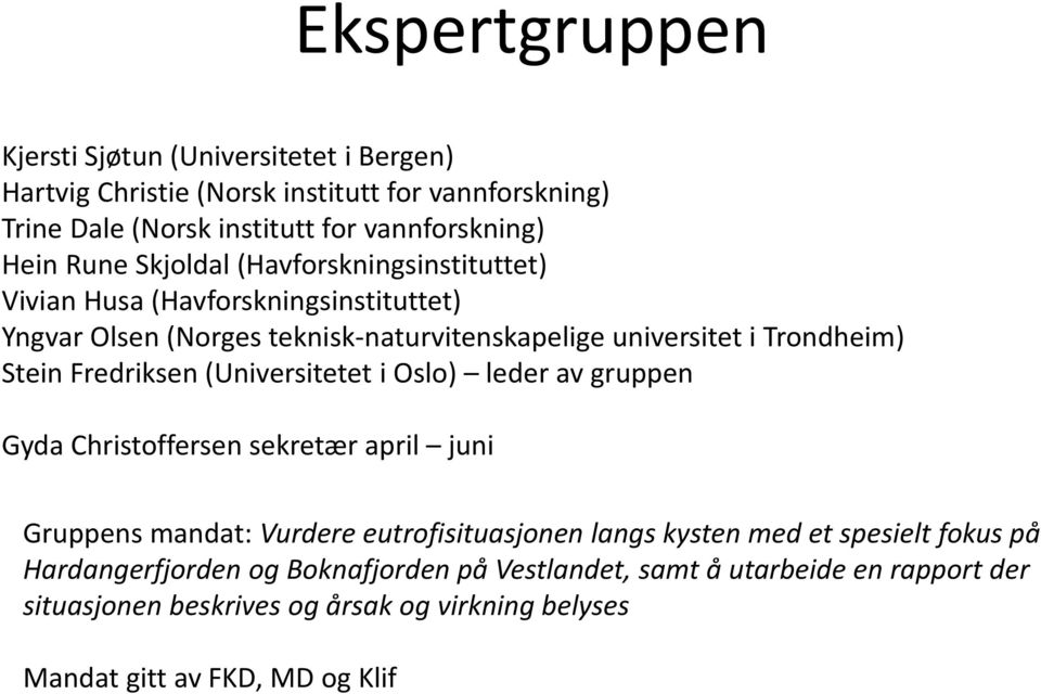 Fredriksen (Universitetet i Oslo) leder av gruppen Gyda Christoffersen sekretær april juni Gruppens mandat: Vurdere eutrofisituasjonen langs kysten med et spesielt