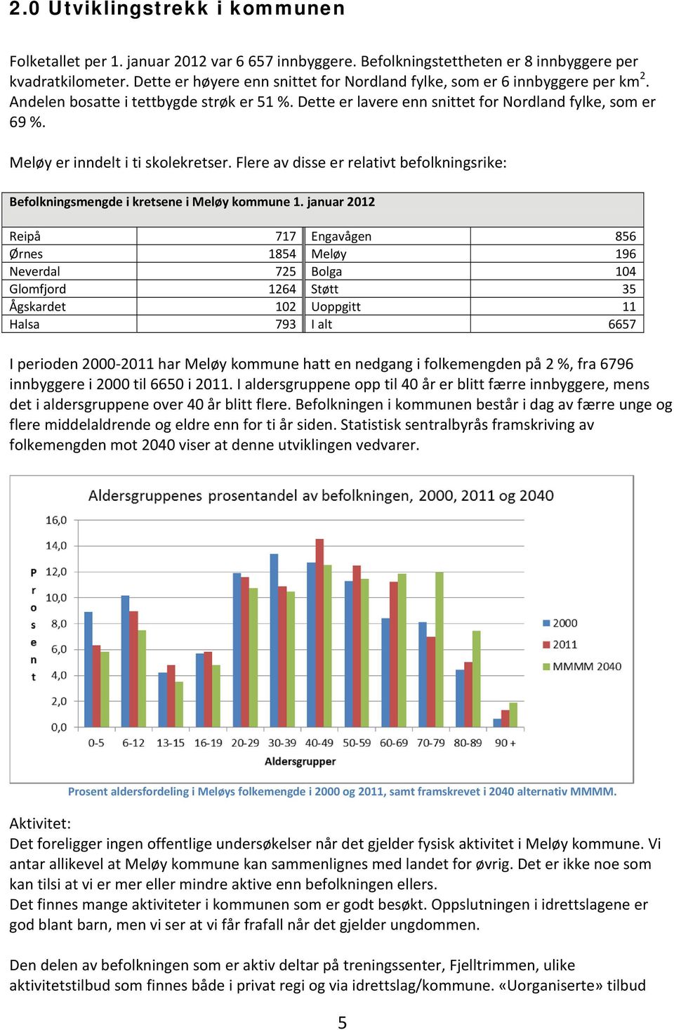 Meløy er inndelt i ti skolekretser. Flere av disse er relativt befolkningsrike: Befolkningsmengde i kretsene i Meløy kommune 1.