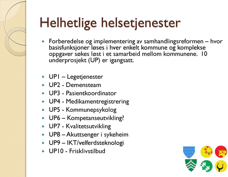 UP1 Legetjenester UP2 - Demensteam UP3 - Pasientkoordinator UP4 - Medikamentregistrering UP5 - Kommunepsykolog UP6