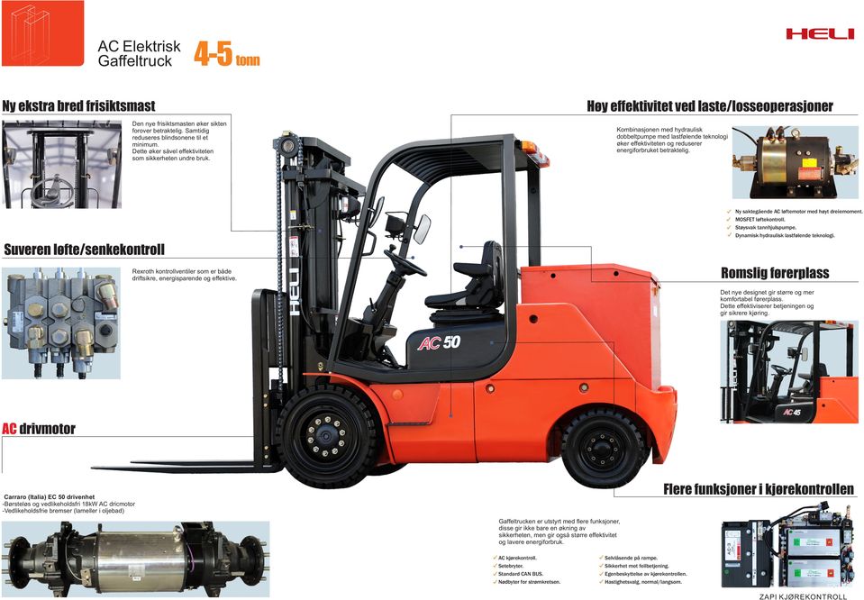 Ny saktegående AC løftemotor med høyt dreiemoment. MOSFET løftekontroll. Støysvak tannhjulspumpe. Dynamisk hydraulisk lastfølende teknologi.