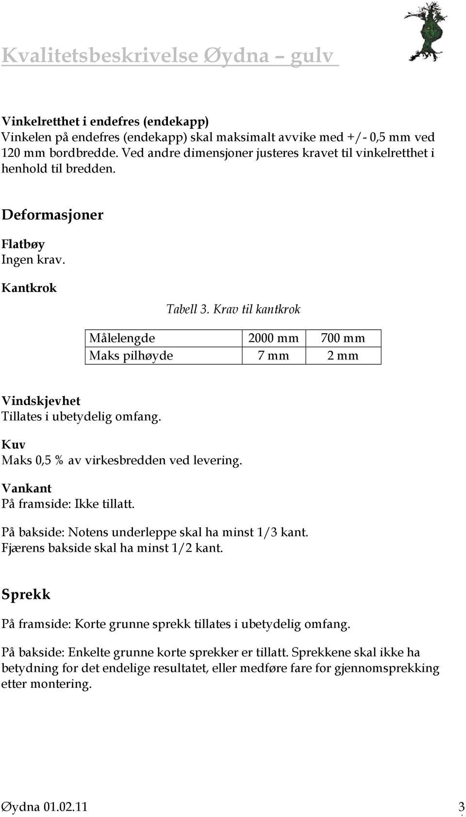 Krav til kantkrok Målelengde 2000 mm 700 mm Maks pilhøyde 7 mm 2 mm Vindskjevhet Tillates i ubetydelig omfang. Kuv Maks 0,5 % av virkesbredden ved levering. Vankant På framside: Ikke tillatt.