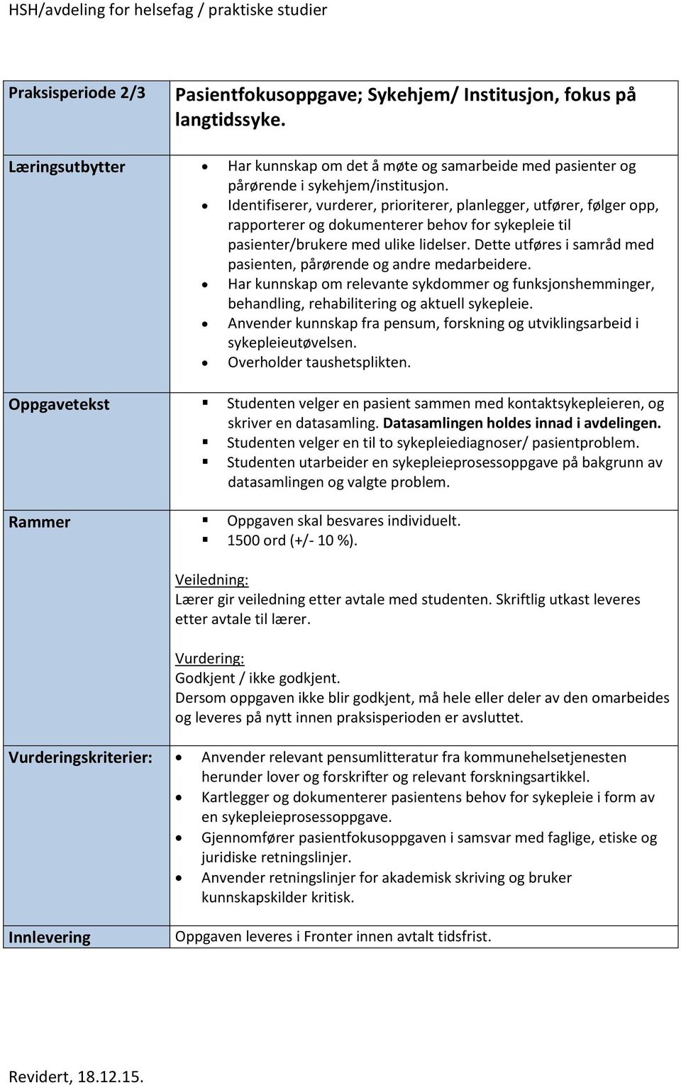 Dette utføres i samråd med pasienten, pårørende og andre medarbeidere. Har kunnskap om relevante sykdommer og funksjonshemminger, behandling, rehabilitering og aktuell sykepleie.