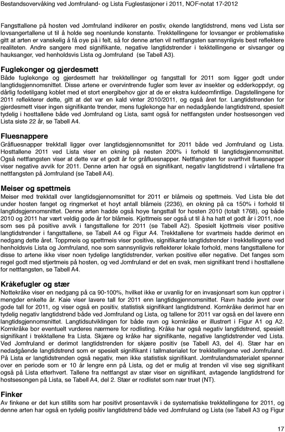 Andre sangere med signifikante, negative langtidstrender i tekktellingene er sivsanger og hauksanger, ved henholdsvis Lista og Jomfruland (se Tabell A3).