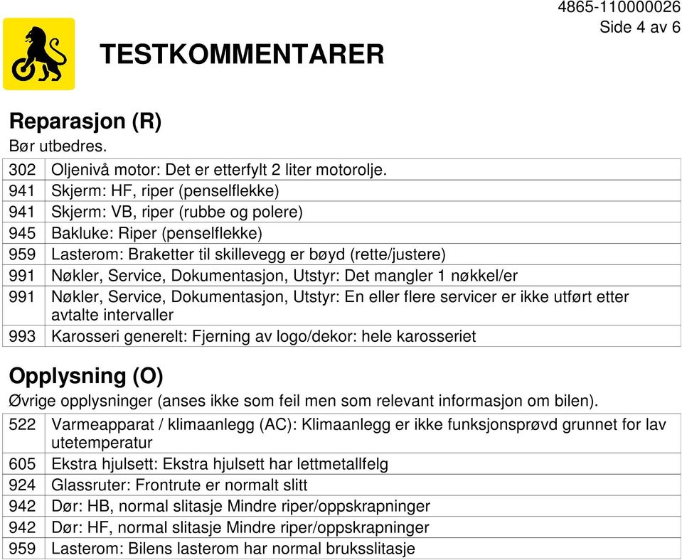 Det mangler 1 nøkkel/er Nøkler, Service, Dokumentasjon, Utstyr: En eller flere servicer er ikke utført etter avtalte intervaller Karosseri generelt: Fjerning av logo/dekor: hele karosseriet