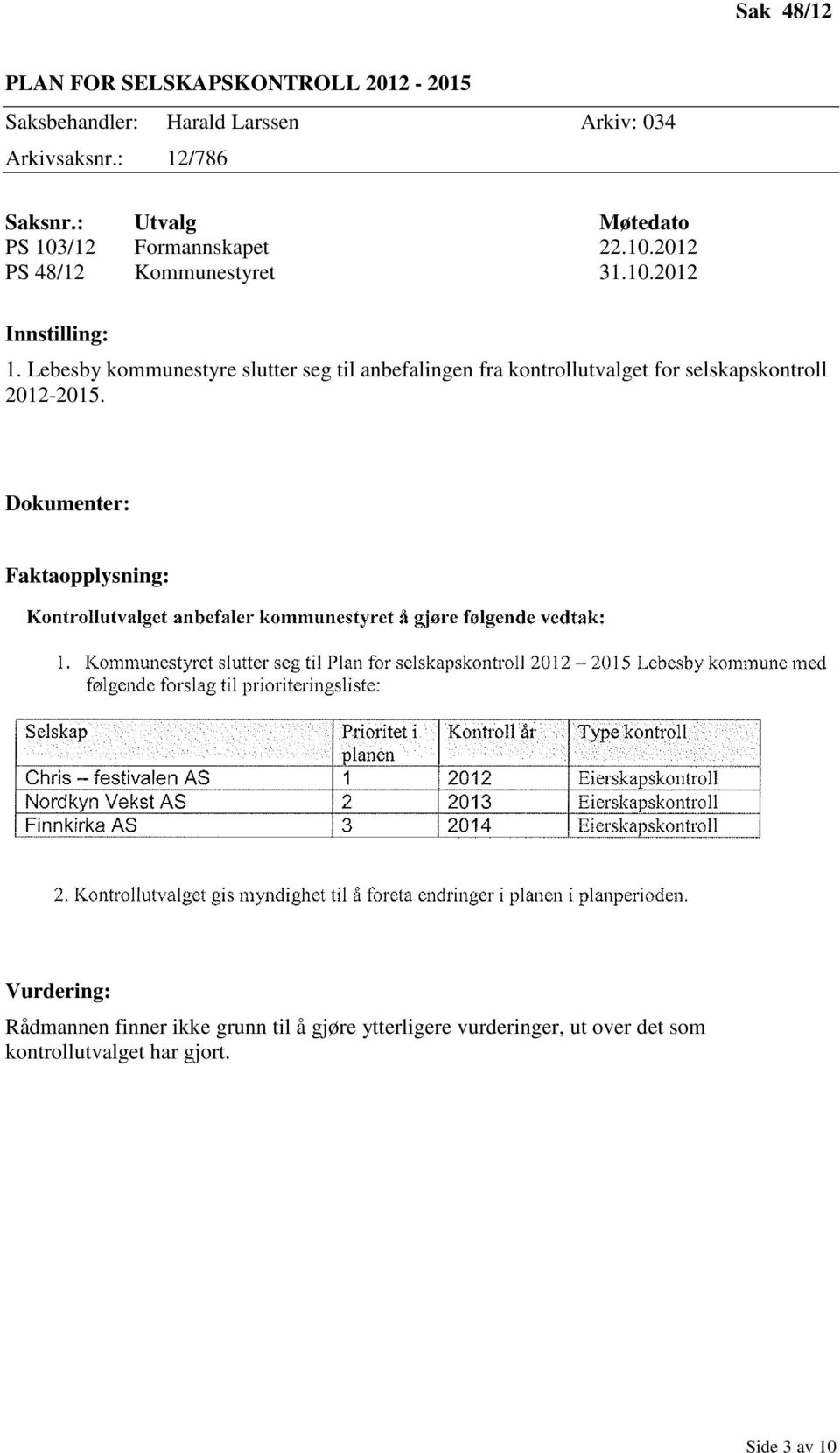 Lebesby kommunestyre slutter seg til anbefalingen fra kontrollutvalget for selskapskontroll 2012-2015.