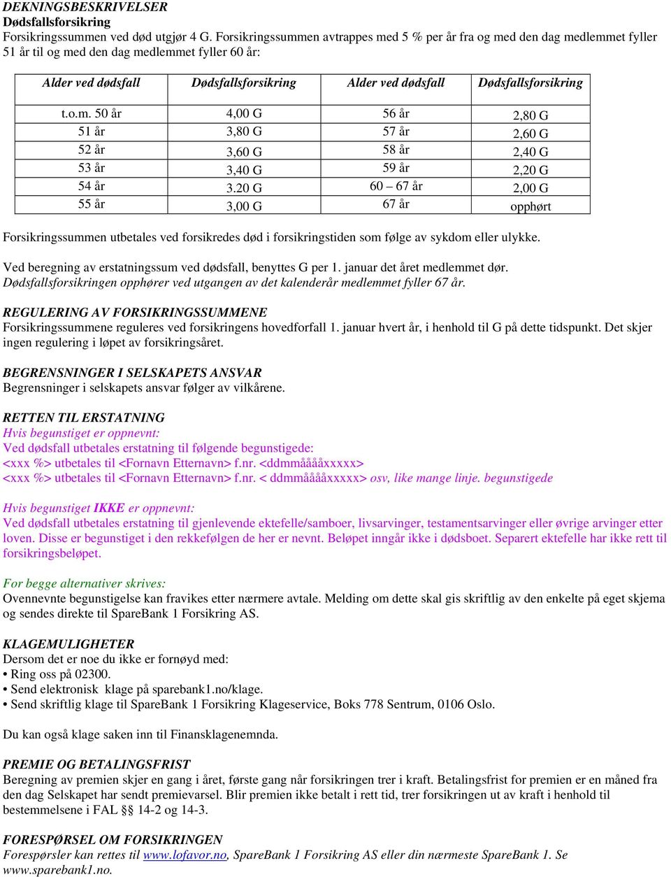 Dødsfallsforsikring t.o.m. 50 år 4,00 G 56 år 2,80 G 51 år 3,80 G 57 år 2,60 G 52 år 3,60 G 58 år 2,40 G 53 år 3,40 G 59 år 2,20 G 54 år 3.