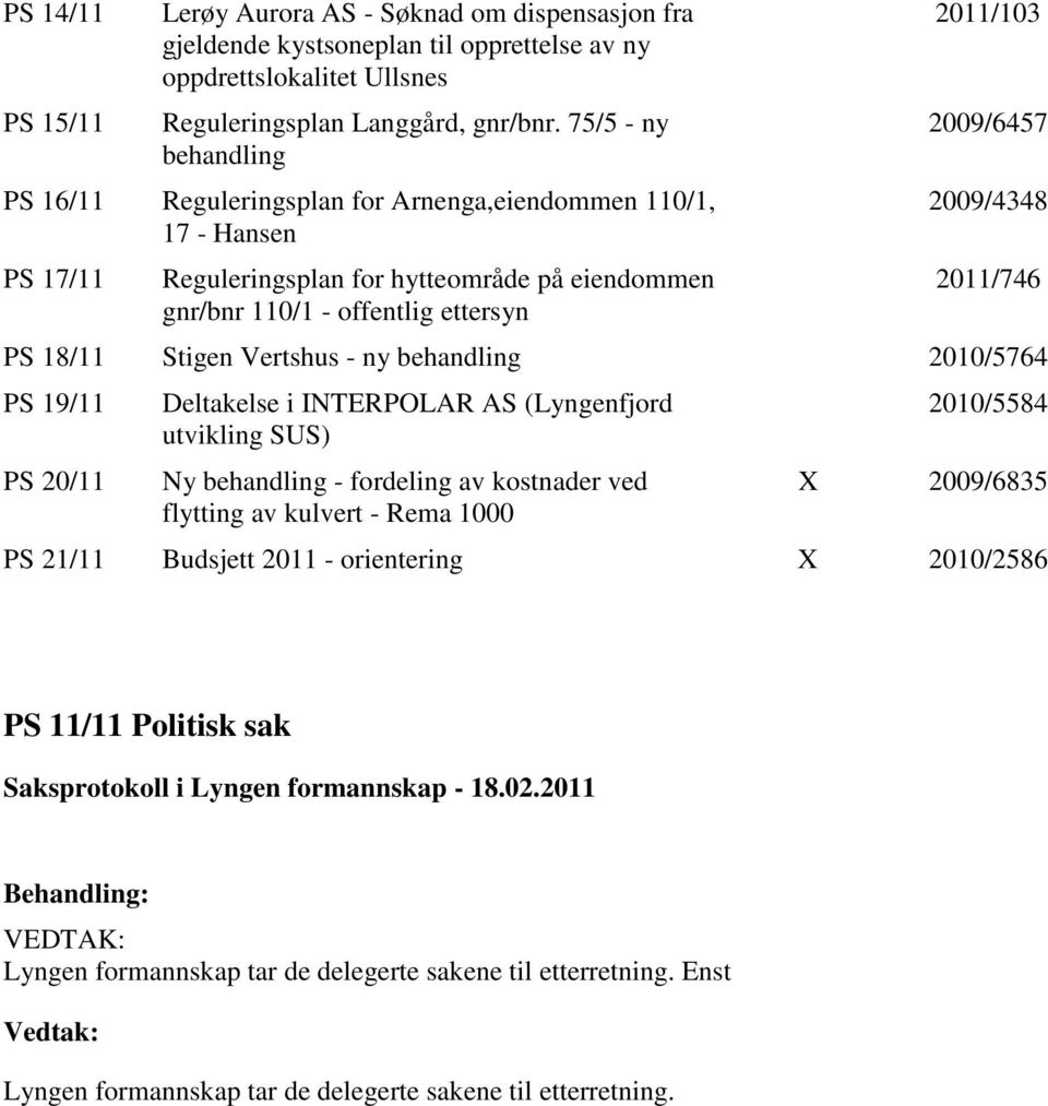 2009/4348 2011/746 PS 18/11 Stigen Vertshus - ny behandling 2010/5764 PS 19/11 PS 20/11 Deltakelse i INTERPOLAR AS (Lyngenfjord utvikling SUS) Ny behandling - fordeling av kostnader ved flytting av