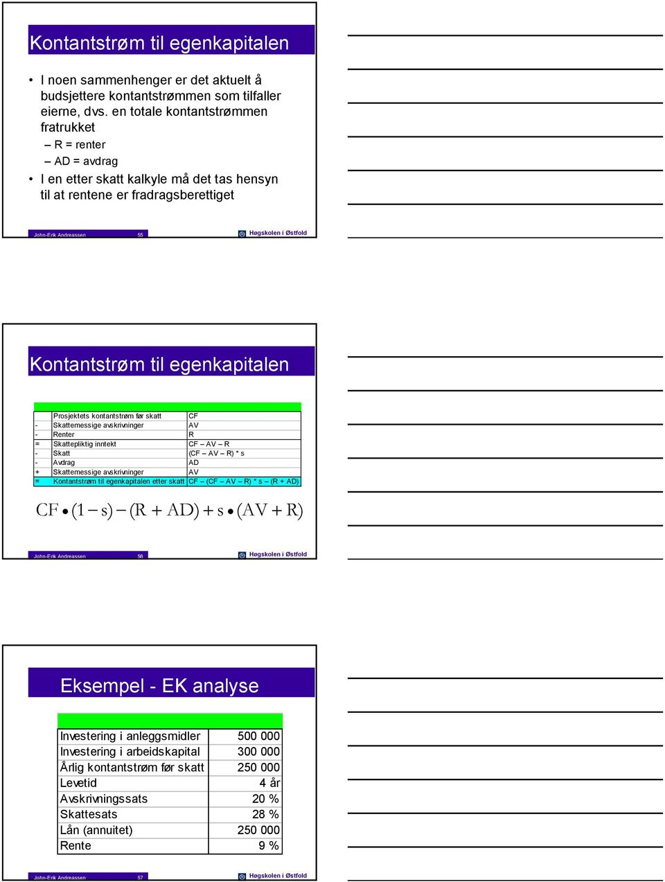 før ska CF - Skaemessige avskriviger AV - Reer R = Skaeplikig iek CF AV R - Ska (CF AV R) * s - Avdrag AD Skaemessige avskriviger AV = Koasrøm il egekapiale eer ska CF (CF AV R) * s (R AD)