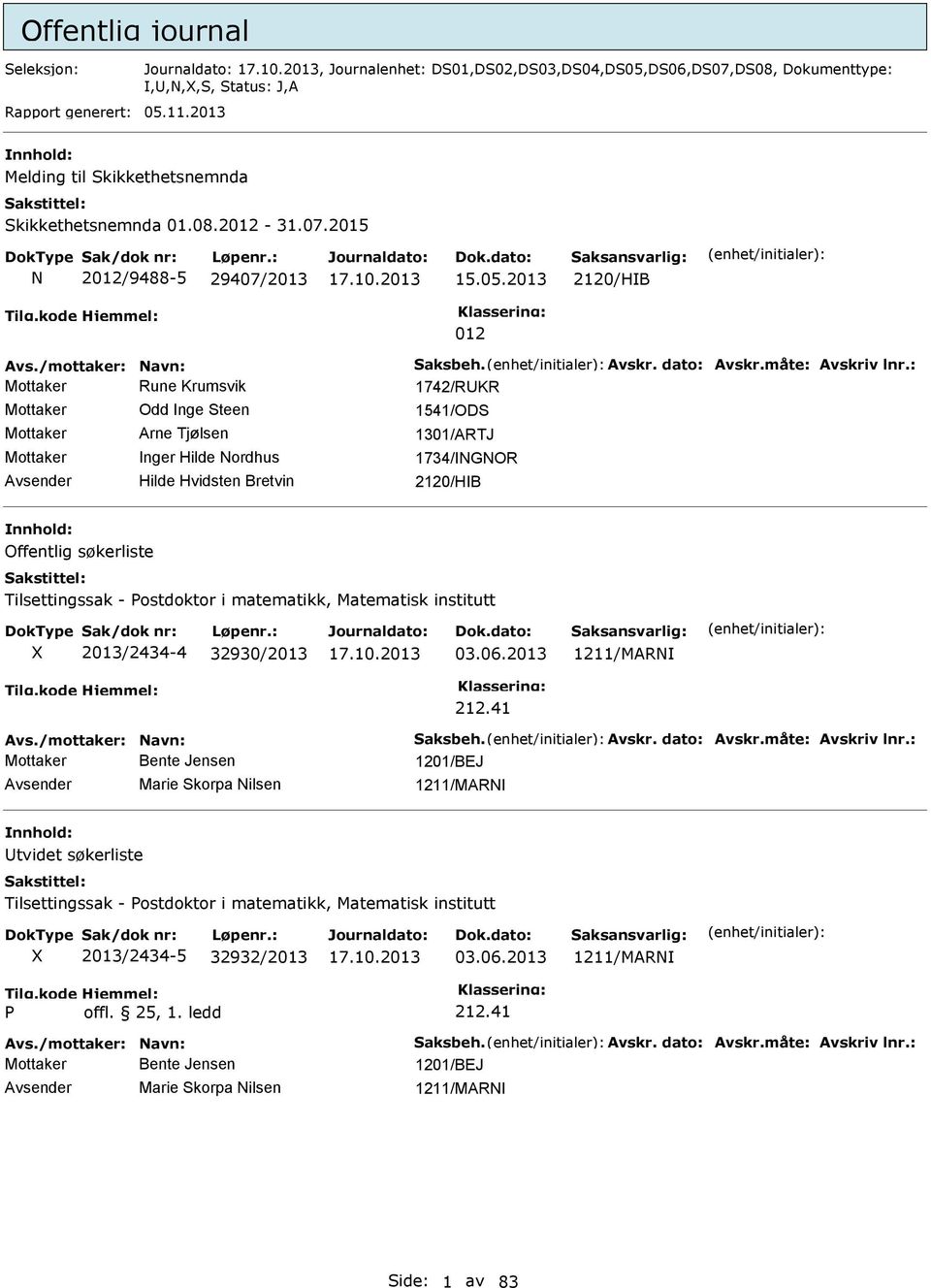 : Mottaker Rune Krumsvik 1742/RKR Mottaker Odd nge Steen 1541/ODS Mottaker Arne Tjølsen 1301/ARTJ Mottaker nger Hilde Nordhus 1734/NGNOR Hilde Hvidsten Bretvin 2120/HB Offentlig søkerliste