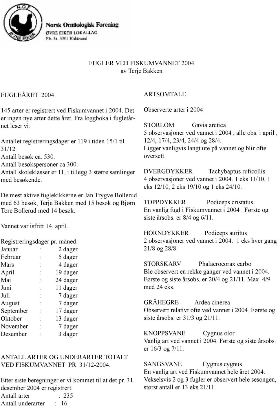 Antall skoleklasser er 11, i tillegg 3 større samlinger med besøkende. De mest aktive fuglekikkerne er Jan Trygve Bollerud med 63 besøk, Terje Bakken med 15 besøk og Bjørn Tore Bollerud med 14 besøk.