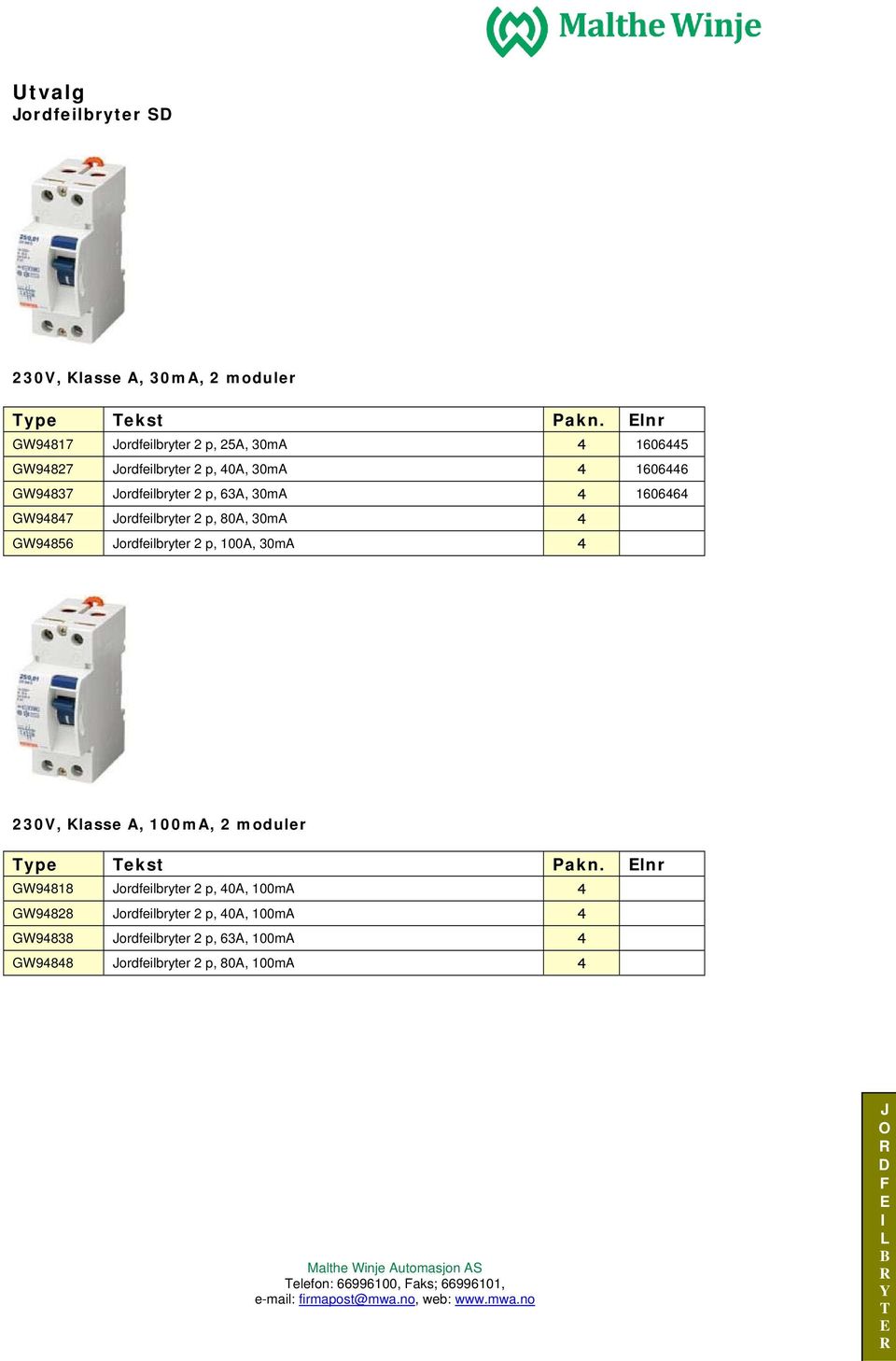 63A, 30mA 4 1606464 GW94847 ordfeilbryter 2 p, 80A, 30mA 4 GW94856 ordfeilbryter 2 p, 100A, 30mA 4 230V, Klasse A, 100mA, 2