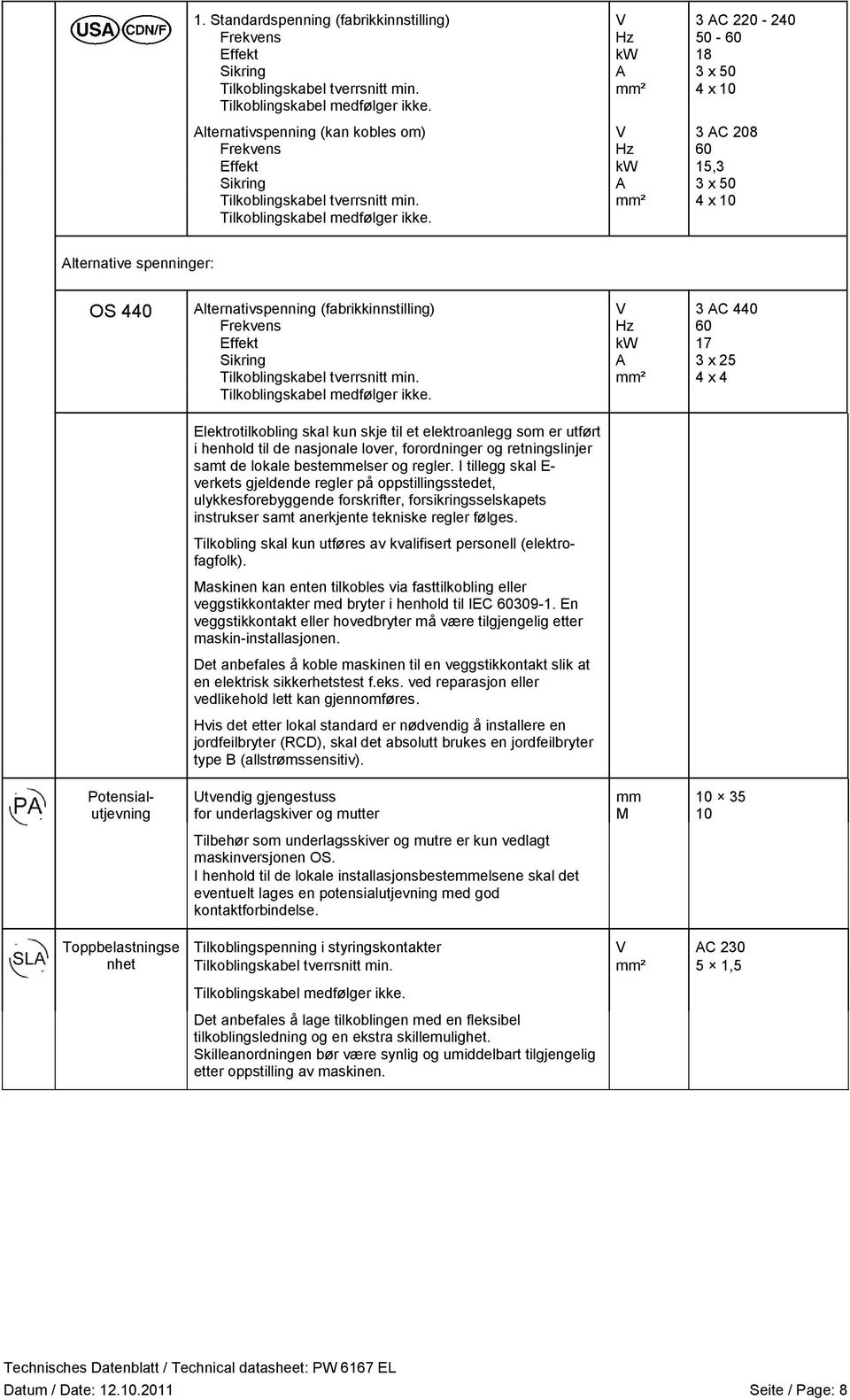 mm² 4 x 10 Alternative spenninger: OS 440 Alternativspenning (fabrikkinnstilling) V 3 AC 440 Frekvens Hz 60 Effekt kw 17 Sikring A 3 x 25 Tilkoblingskabel tverrsnitt min.