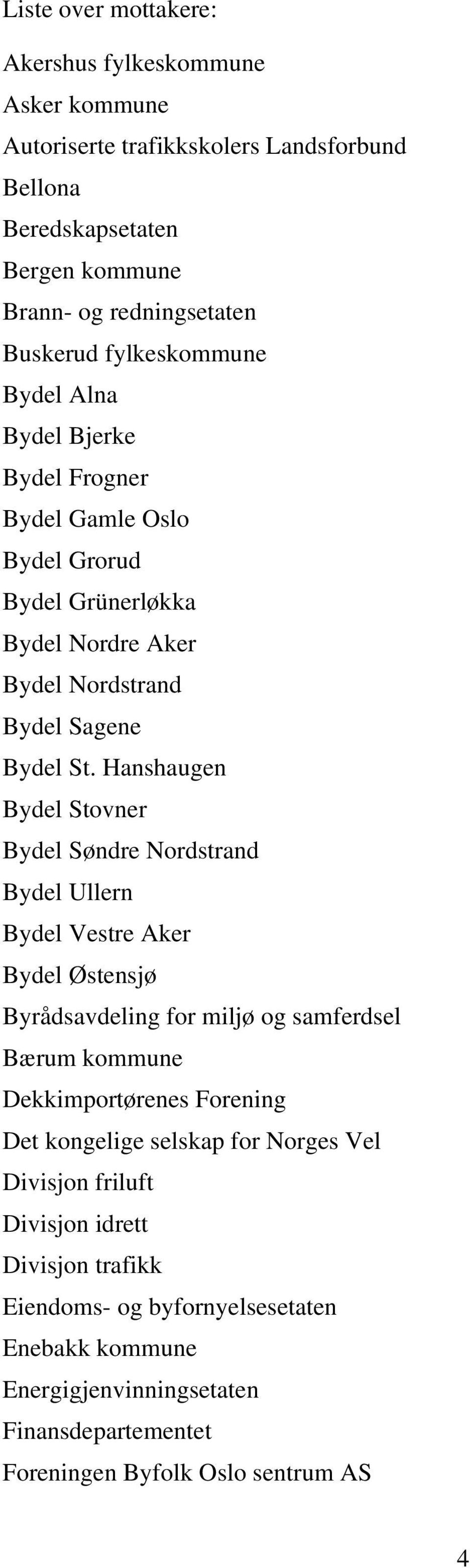 Hanshaugen Bydel Stovner Bydel Søndre Nordstrand Bydel Ullern Bydel Vestre Aker Bydel Østensjø Byrådsavdeling for miljø og samferdsel Bærum kommune Dekkimportørenes Forening Det