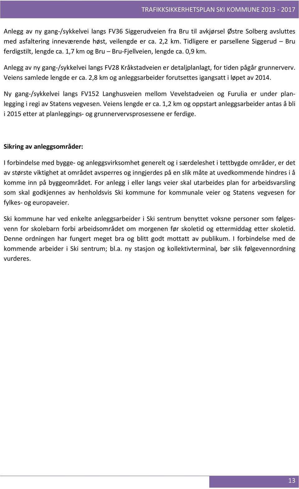 Anlegg av ny gang-/sykkelvei langs FV28 Kråkstadveien er detaljplanlagt, for tiden pågår grunnerverv. Veiens samlede lengde er ca. 2,8 km og anleggsarbeider forutsettes igangsatt i løpet av 2014.