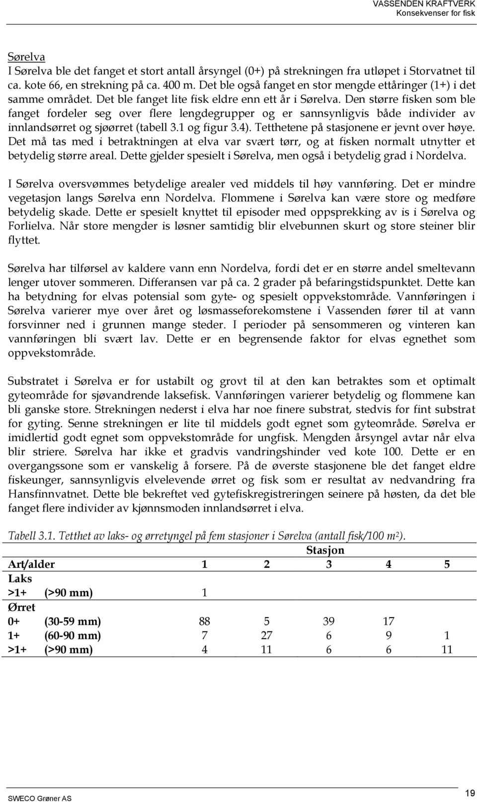 Den større fisken som ble fanget fordeler seg over flere lengdegrupper og er sannsynligvis både individer av innlandsørret og sjøørret (tabell 3.1 og figur 3.4).