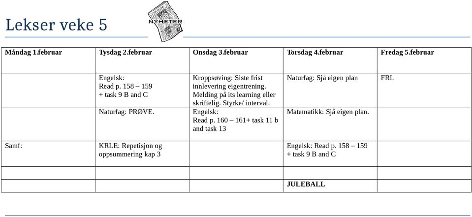 Melding på its learning eller skriftelig. Styrke/ interval. Engelsk: Read p.