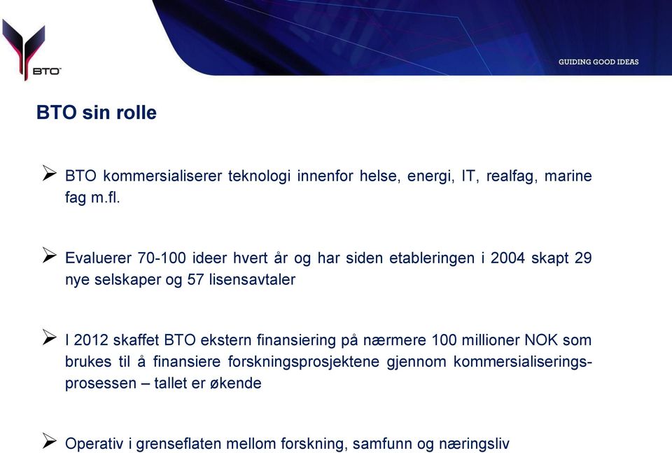 2012 skaffet BTO ekstern finansiering på nærmere 100 millioner NOK som brukes til å finansiere