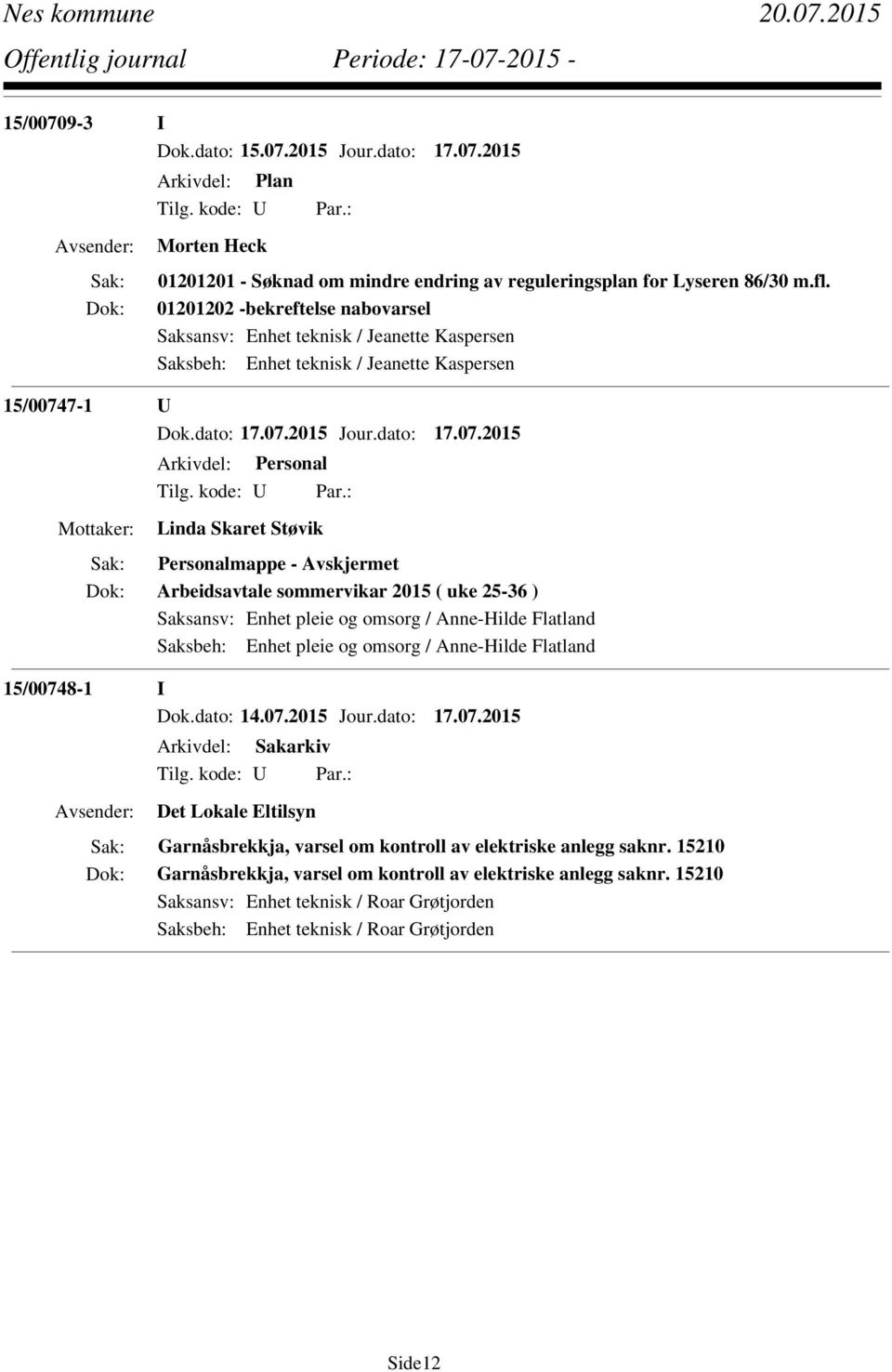 Avskjermet Arbeidsavtale sommervikar 2015 ( uke 25-36 ) Saksbeh: Enhet pleie og omsorg / Anne-Hilde Flatland 15/0074