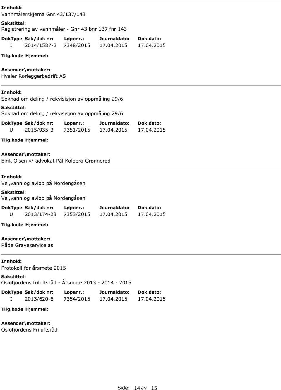 29/6 Søknad om deling / rekvisisjon av oppmåling 29/6 2015/935-3 7351/2015 Eirik Olsen v/ advokat Pål Kolberg Grønnerød Vei,vann