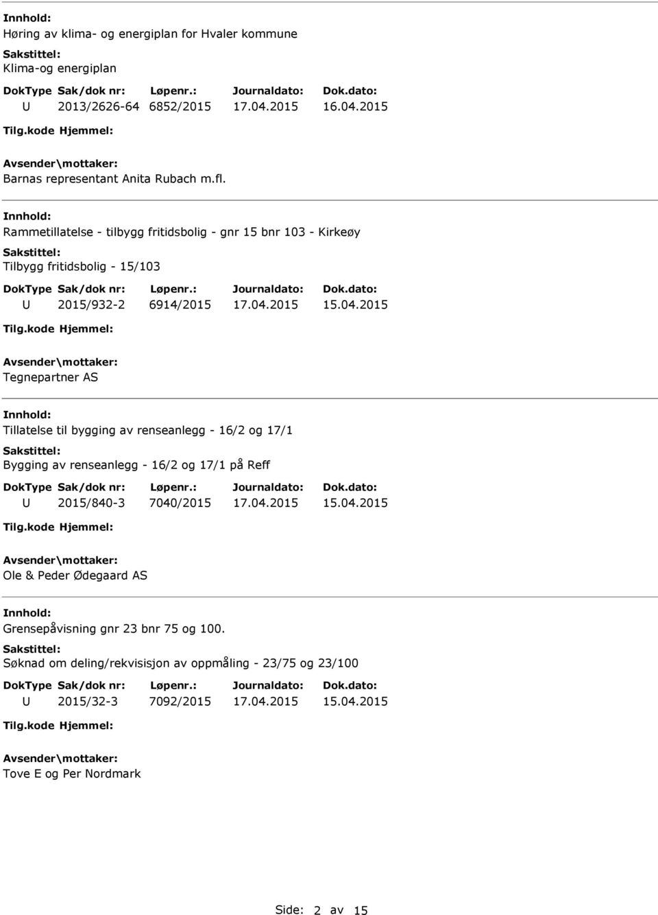 2015 Tegnepartner AS Tillatelse til bygging av renseanlegg - 16/2 og 17/1 Bygging av renseanlegg - 16/2 og 17/1 på Reff 2015/840-3 7040