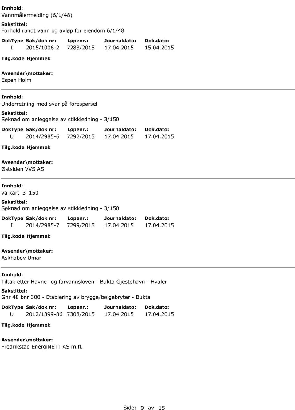 VVS AS va kart_3_150 Søknad om anleggelse av stikkledning - 3/150 2014/2985-7 7299/2015 Askhabov mar Tiltak etter Havne- og