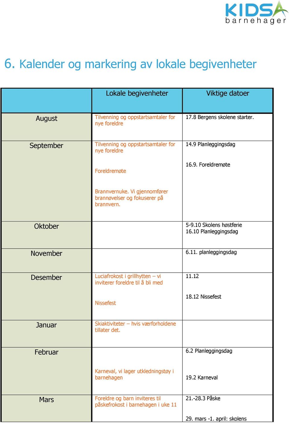 10 Skolens høstferie 16.10 Planleggingsdag November 6.11. planleggingsdag Desember Luciafrokost i grillhytten vi inviterer foreldre til å bli med Nissefest 11.12 18.