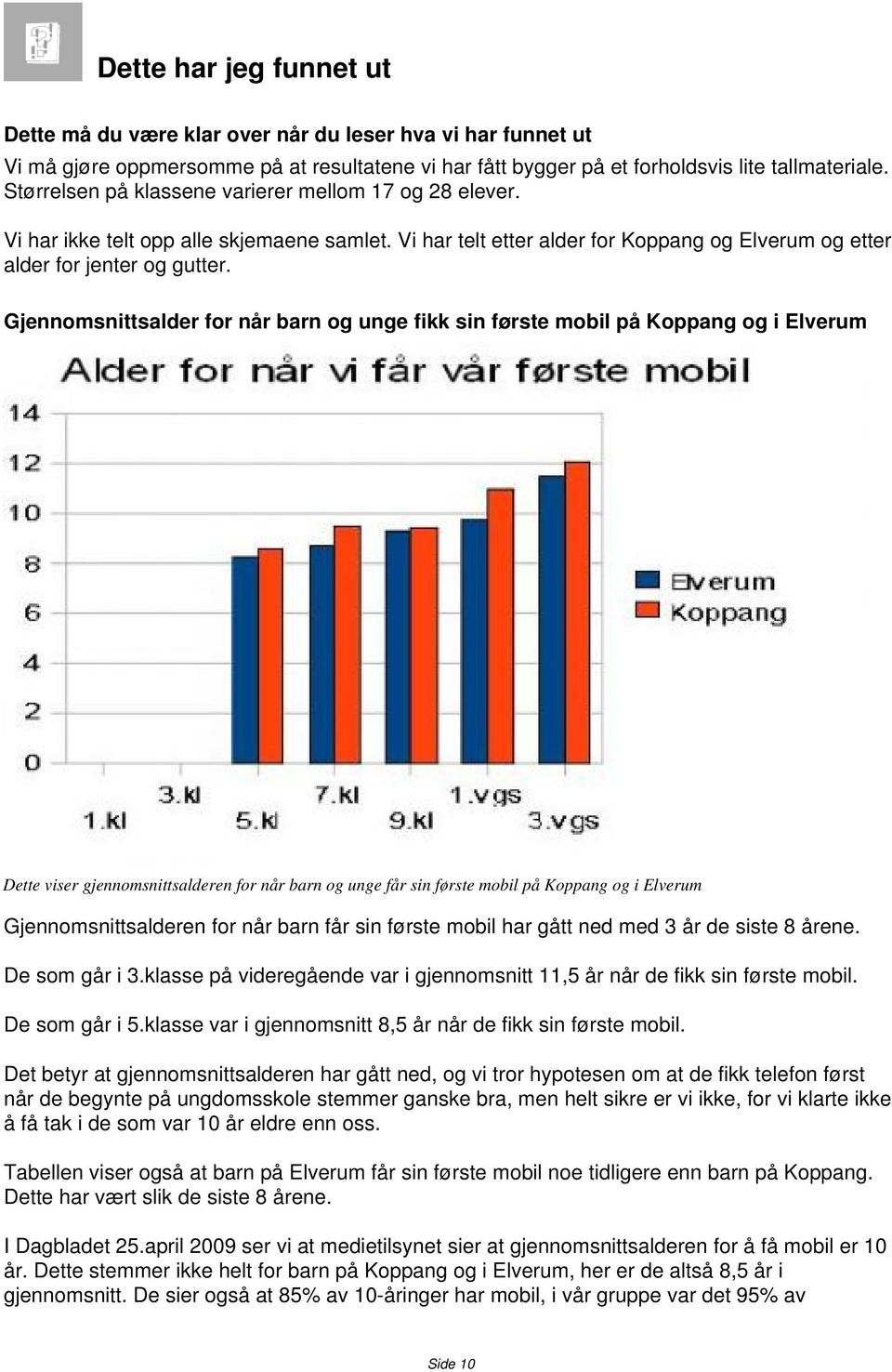 Gjennomsnittsalder for når barn og unge fikk sin første mobil på Koppang og i Elverum Dette viser gjennomsnittsalderen for når barn og unge får sin første mobil på Koppang og i Elverum