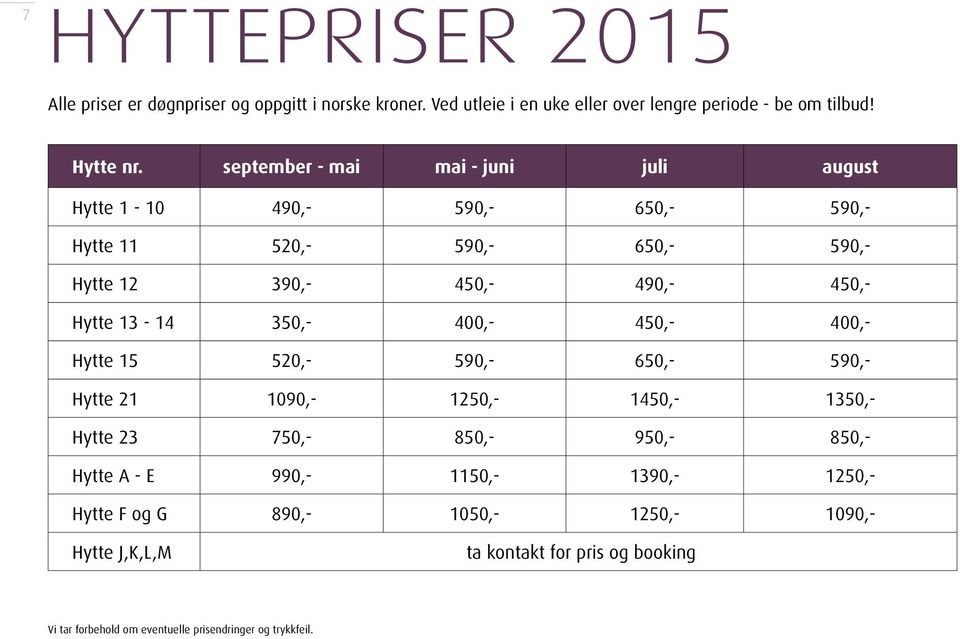 350,- 400,- 450,- 400,- Hytte 15 520,- 590,- 650,- 590,- Hytte 21 1090,- 1250,- 1450,- 1350,- Hytte 23 750,- 850,- 950,- 850,- Hytte A - E 990,- 1150,-