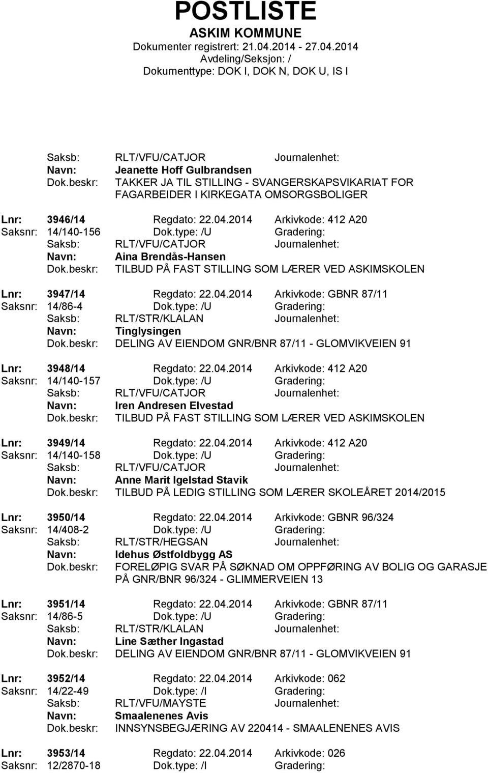 type: /U Gradering: Saksb: RLT/STR/KLALAN Journalenhet: Tinglysingen DELING AV EIENDOM GNR/BNR 87/11 - GLOMVIKVEIEN 91 Lnr: 3948/14 Regdato: 22.04.2014 Arkivkode: 412 A20 Saksnr: 14/140-157 Dok.