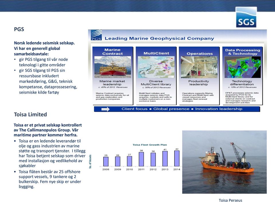 teknisk kompetanse, dataprossesering, seismiske kilde fartøy Toisa Limited Toisa er et privat selskap kontrollert av The Callimanopulos Group.